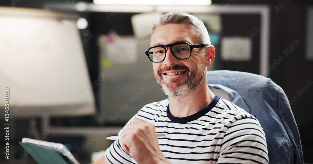 Poster portrait, night and man with tablet, office and creative for web design with software or happy. dead