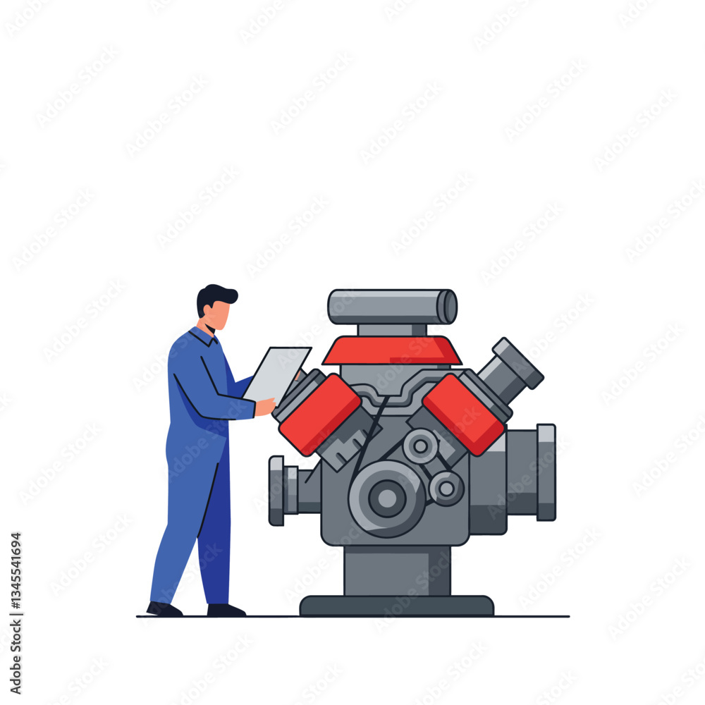Poster mechanic inspecting engine components in flat design vector art