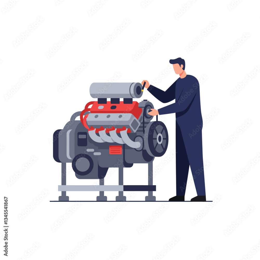Poster mechanic working on engine in flat design style vector illustration
