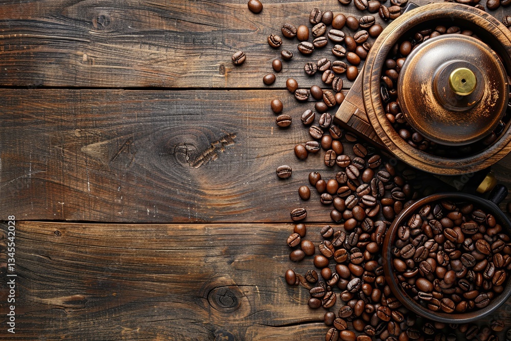 Poster Discover the aroma and flavor of fresh coffee with beans and grinders on a rustic wooden table for coffee lovers Generative AI