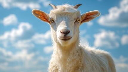 Obraz premium Smiling white goat gazing outdoors on sunny day