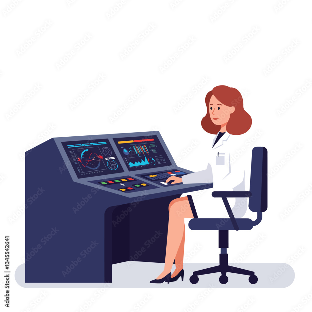 Poster female scientist analyzing data at control panel in flat vector art