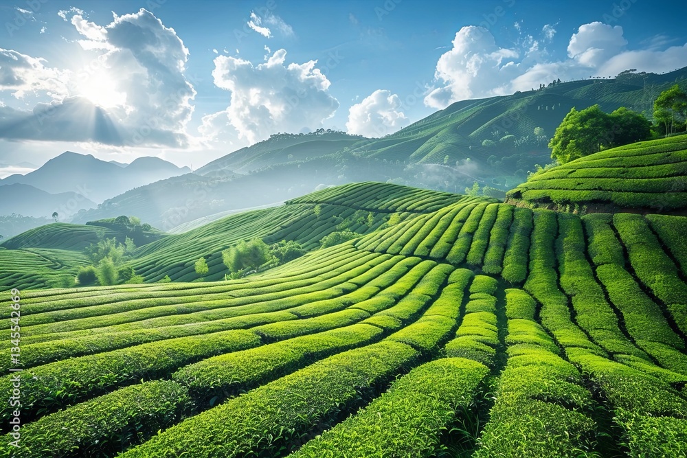 Poster lush green tea plantations under a bright sky filled with clouds near rolling hills during the dayti