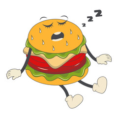 Burger Groovy Retro Character. Vector Illustration in Cartoon Style.