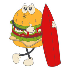 Burger Groovy Retro Character. Vector Illustration in Cartoon Style.