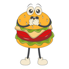 Burger Groovy Retro Character. Vector Illustration in Cartoon Style.
