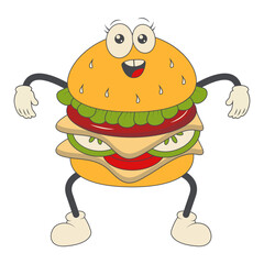 Burger Groovy Retro Character. Vector Illustration in Cartoon Style.