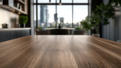 Fototapeta premium Elegant wooden table in a modern apartment setting.