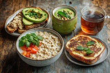 Healthy Breakfast Oatmeal, Avocado Toast, Green Soup and French Toast