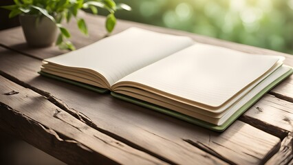 Blank lined notebook open a rustic wooden table near a small potted plant. Perfect adding your own text images.