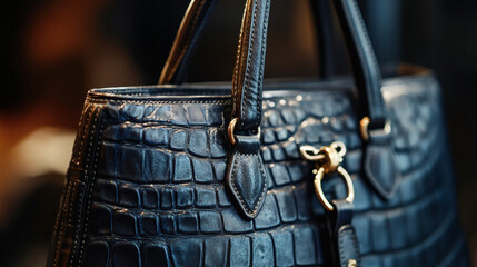 Chic Handbag Detail: A close-up showcases a luxurious crocodile-textured handbag, its elegant design and quality craftsmanship immediately captivating the viewer. 