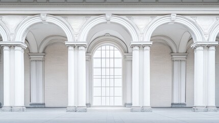 Obraz premium Classic white colonnade, arched interior, grand architecture, for use in architectural design, art, or museum concepts
