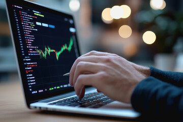 Individual using laptop to analyze stock charts displaying drastic decline in financial performance