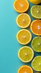 Obraz premium Colorful citrus slices arranged on blue background.
