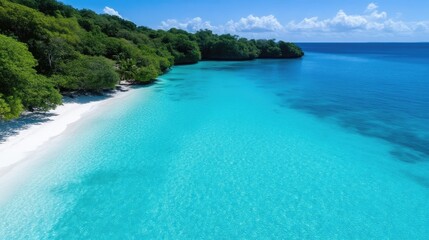 Fototapeta premium Pristine white sand beach meets turquoise water, framed by lush tropical vegetation. Tranquil coastal scene, perfect for relaxation