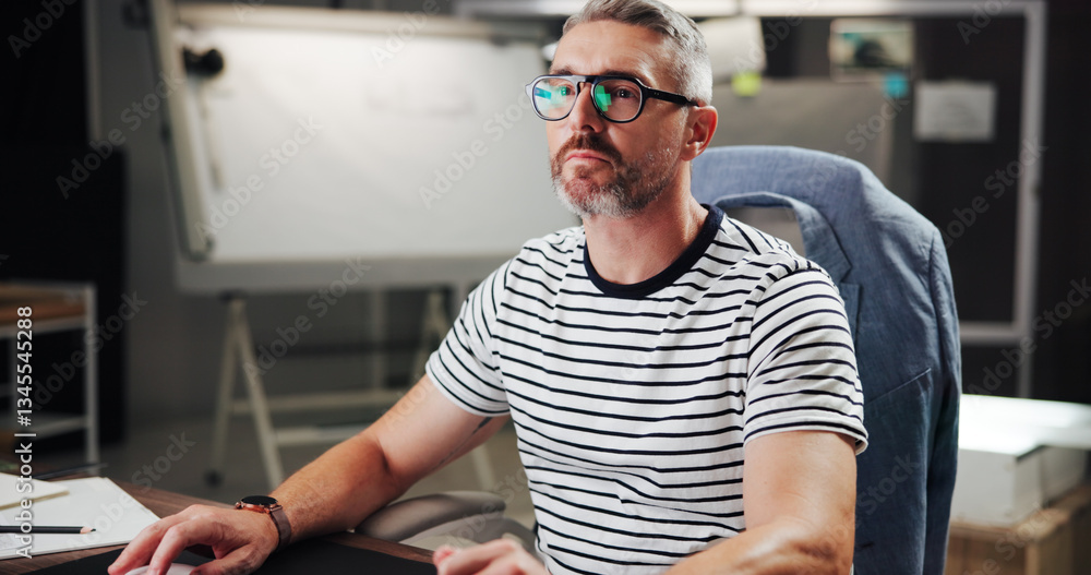 Poster business, man and night on computer in office for creative editing, project deadline and online rese