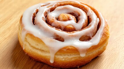 Fototapeta premium Sweet Cinnamon Roll with Creamy Glaze on Wooden Table