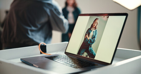 Laptop screen, photography and editing in studio for creative, digital art or magazine project. Technology, photoshoot and picture of model on computer for catalog, blog or website publishing.