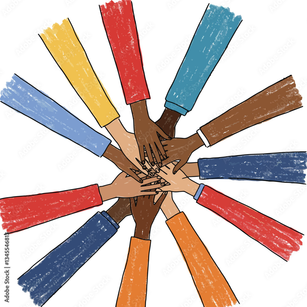 Aufkleber Hands coming together in unity with colorful sleeves in flat vector art