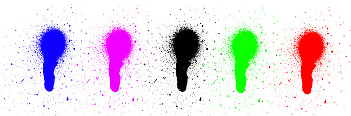 Vibrant spray paint splatters in blue, pink, black, green, and red. PNG, Cutout, or clipping path.