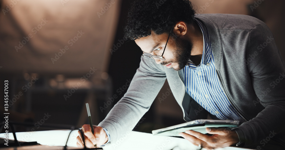 Poster drawing, night and man with tablet, architecture and deadline for project, development and creativit