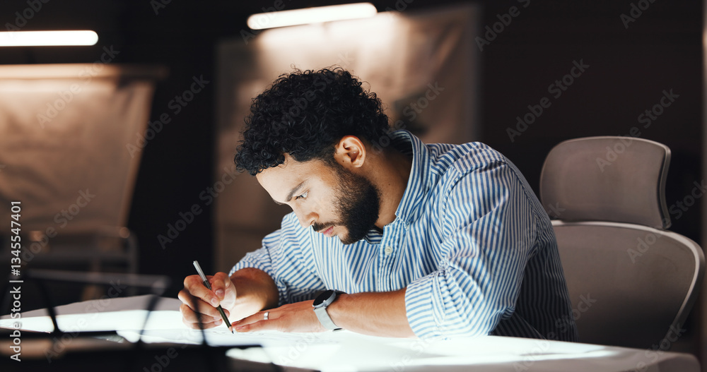 Poster businessman, architect and writing with blueprint for building design or construction planning. man,