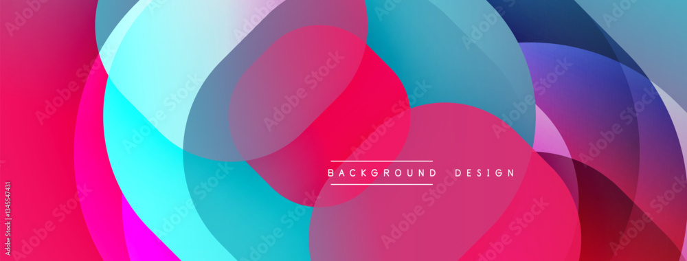 Poster Circular abstract design with overlapping translucent circles and round shapes, blending gradients and smooth curves, creating depth, contrast, and a dynamic visual effect