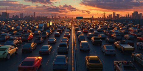 City Traffic Jam at Sunset