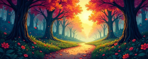 Fototapeta premium Sunlit forest path with vibrant foliage, anime-inspired landscape illustration, sunlight, landscape, foliage