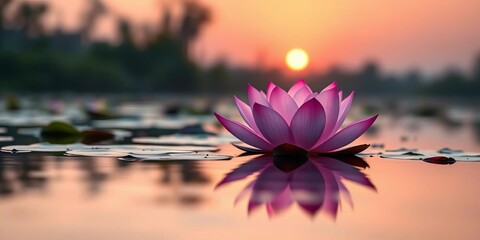 Sunrise illuminates a pristine pink lotus blossom afloat on calm water,  macro,  closeup