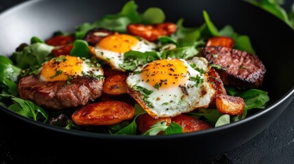 Hearty salad with fried eggs, steak, and roasted potatoes