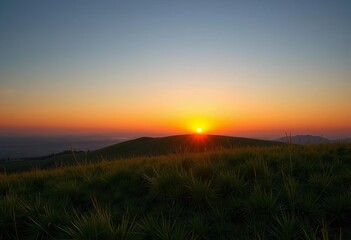 Obraz premium Sunset over grassy hill, soft orange to green gradient, wild, organic