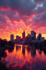 Fototapeta premium Sunset view of Detroit skyline from Hart Plaza with reflection on river, sunset, downtown, cityscape