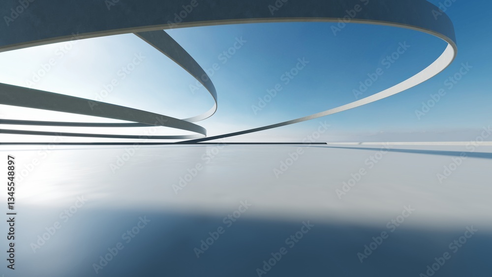 Leinwandbilder 3d render of abstract modern curve architecture with empty cement floor, minimal exterior, car presentation background