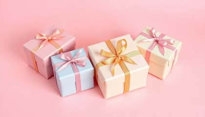 Fototapeta premium Three pastel-wrapped gifts on soft pink background, ribbon detail, bow, anniversary