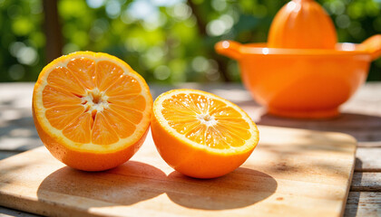 Juicy orange halves on a wooden board in bright sunlight, summer harvest