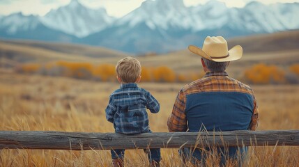 Grandpa and grandson on fence, autumn mountain view