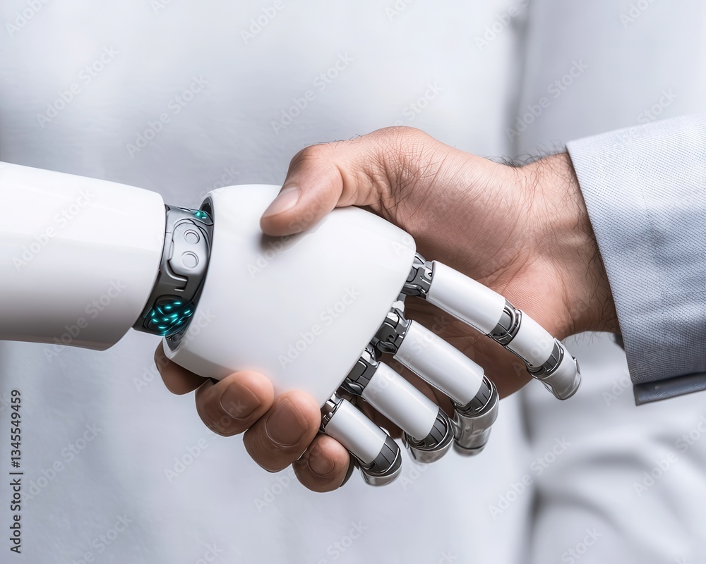 Poster startup success execution competition concept. robot and human hands shaking in a symbolic gesture o