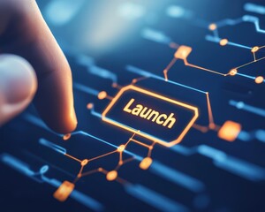 Fototapeta premium startup success execution competition concept. Finger pressing a digital launch button on a futuristic interface.