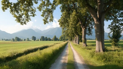 Obraz premium Country Road Through Green Fields Towards Mountains
