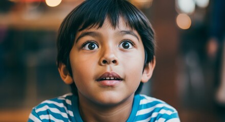 Curious young hispanic boy with big eyes in striped shirt indoors