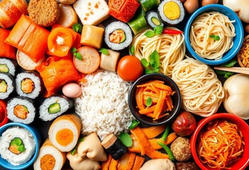 Vibrant assortment of Asian cuisine icons, including sushi, noodles, dumplings, and rice, seaweed,  menu design