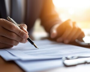 Fototapeta premium startup success execution competition concept. Business professional reviewing documents with pen in hand.