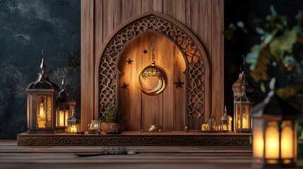 Fototapeta premium Ramadan decor ornate wooden arch, crescent moon, lanterns, plants.