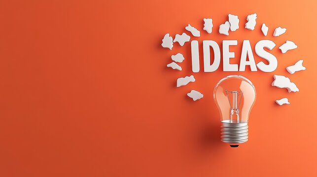 the word "IDEAS" creatively to incorporate a light bulb into the letter "I." The bulb is depicted in a simple, modern and appears to be in a white color, contrasting against a solid pastel background.