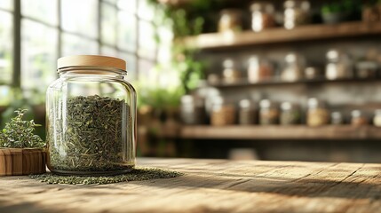 A close-up of a glass jar filled with dried herbs like thyme, placed on a rustic wooden table. The soft sunlight in the background creates a calming atmosphere