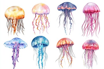 Set of watercolor whimsical jellyfish and sea creatures hand drawn on white background