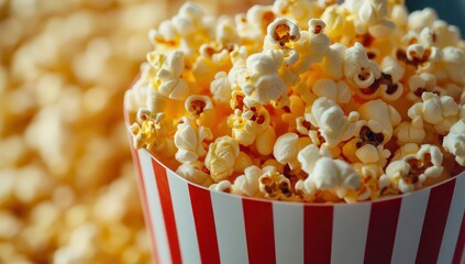Close-up of fresh popcorn in a red-striped container.