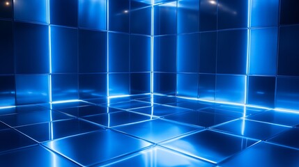 Fototapeta premium Reflective blue neon room with glowing lines on walls and floor.