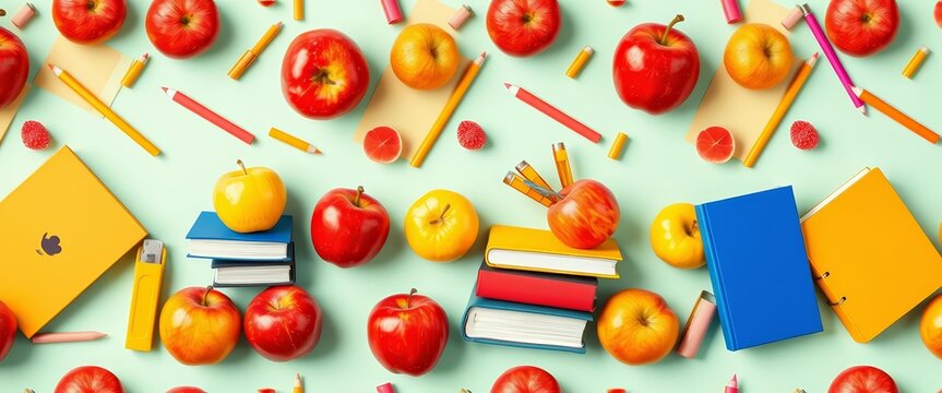 Vibrant seamless pattern featuring school supplies, apples, and books on a bright background, graphic, repeat pattern